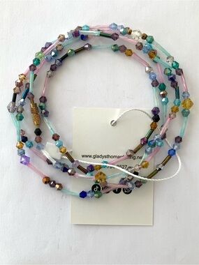 Multicolored crystal bicone & Tubular beads waist chain Pastel Mix 39’’ long